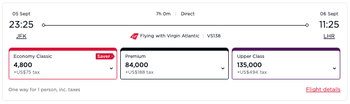New York (JFK) to London (LHR) award booking